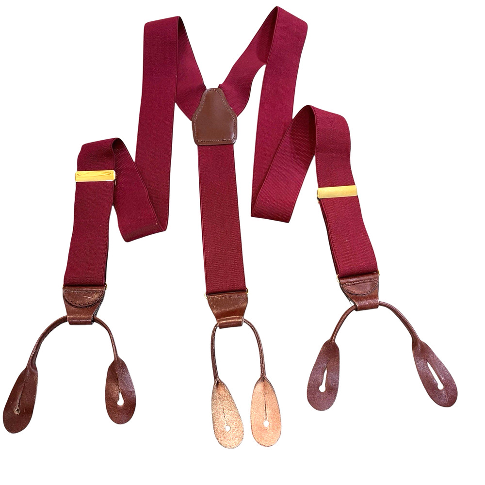VTG Button Suspenders Burgundy Leather End Y-Back Dress SOLID BRASS Made Germany